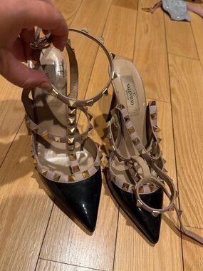 Valentino Studded Pointed Toe Ankle Strap Heels - Nude and Black